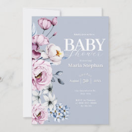 水色エレガントブルーピンクフローラベビーシャワー 招待状
