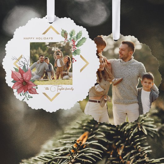 水色エレガントポインセチア付き/金ゴールドフレーム写真 オーナメントカード