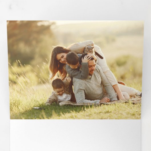 水色エレガントポインセチア付き/金ゴールドフレーム写真 三つ折りクリスマスカード (内部最初)