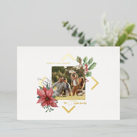 水色エレガントポインセチア付き/金ゴールドフレーム写真 箔シーズンカード (立ち正面)