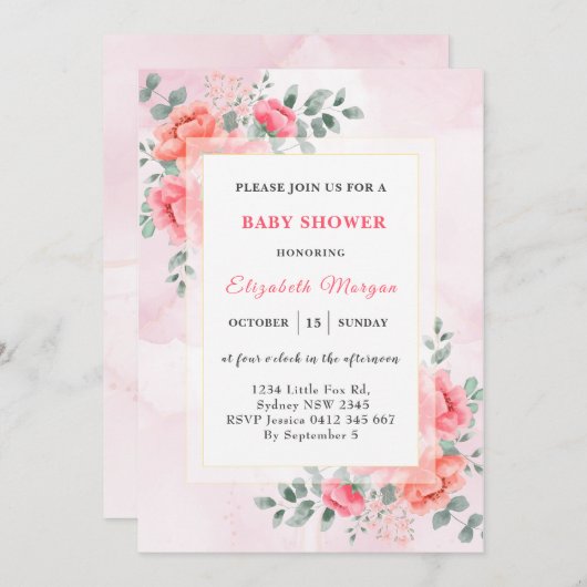 水色エレガントユーカリ花赤ちゃんシャワー 招待状 (正面/裏面)