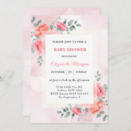 水色エレガントユーカリ花赤ちゃんシャワー 招待状