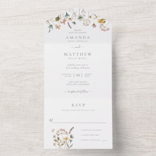 水色エレガント押し花結婚の オールインワン招待状 (内側)