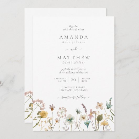 水色エレガント押し花結婚の 招待状 (正面/裏面)