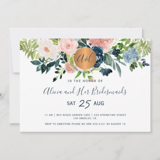 水色エレガント海軍フローラ花嫁群 招待状 (正面)