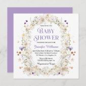 水色エレガント紫色の植物性ベビースシャワー 招待状 (正面/裏面)