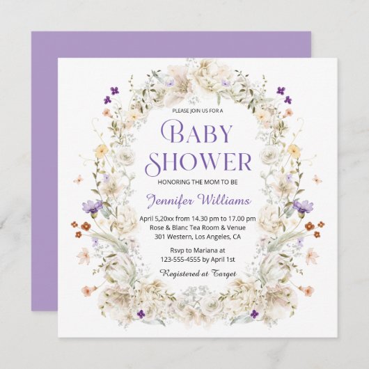 水色エレガント紫色の植物性ベビースシャワー 招待状 (正面/裏面)