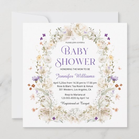 水色エレガント紫色の植物性ベビースシャワー 招待状 (正面)