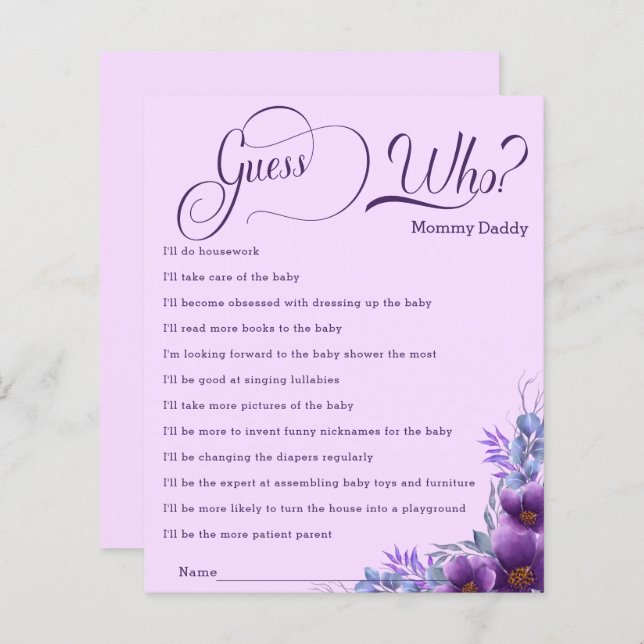 水色エレガント紫色の花の推測誰がゲーム (正面/裏面)