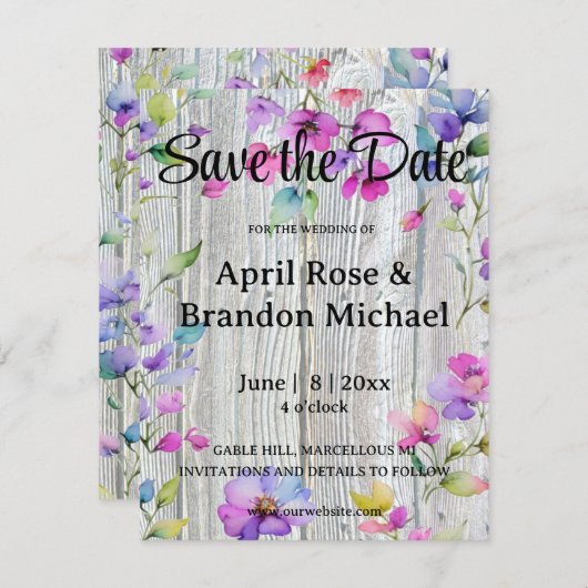 水色エレガント紫色の野花バーウッド セーブザデート (正面/裏面)