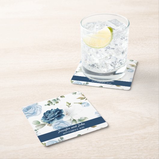 水色エレガント青バラフローラ結婚 スクエアペーパーコースター (インサイチュ)