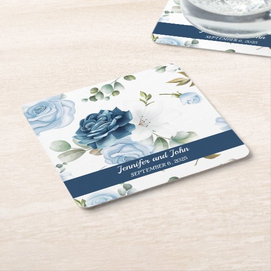 水色エレガント青バラフローラ結婚 スクエアペーパーコースター (アングル)