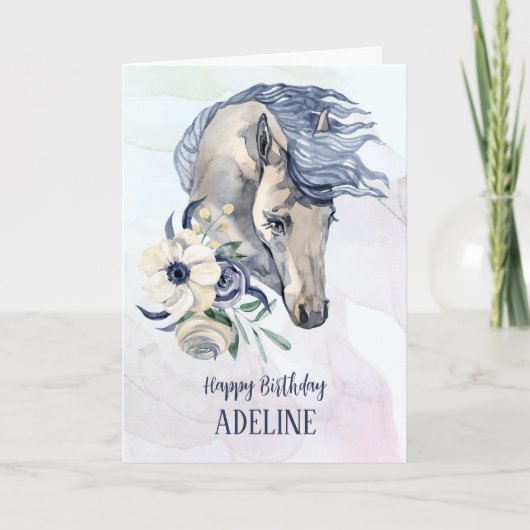 水色エレガント馬誕生日祝いカード サンキューカード (正面)