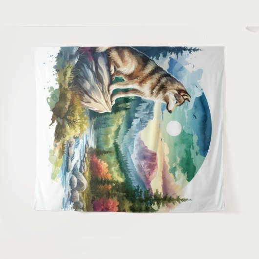 水色オオカミ タペストリー (正面(横))