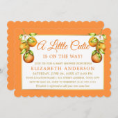 水色オレンジ小さなかわいこちゃん赤ちゃんシャワー金ゴールド 招待状 (正面/裏面)