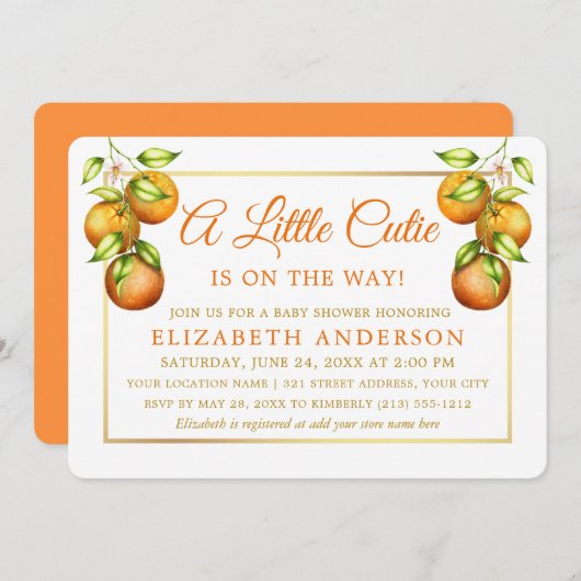 水色オレンジ小さなかわいこちゃん金ゴールド赤ちゃんシャワー 招待状 (正面/裏面)