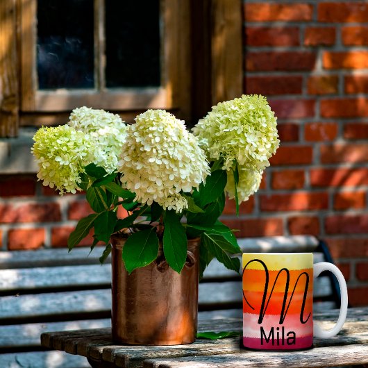 水色オレンジ文字M名コーヒーマグ モーフィングマグカップ