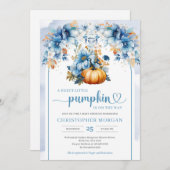水色オレンジ色のカボチャほこりっぽい青い花アーチ 招待状 (正面/裏面)