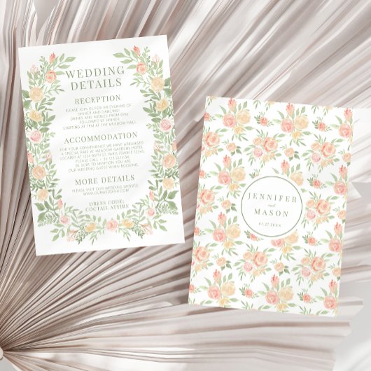 水色オレンジ色フローラ結婚の詳細カード エンクロージャーカード