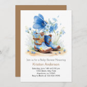 水色カウボーイハットとブーツ赤ちゃんシャワー 招待状 (正面/裏面)