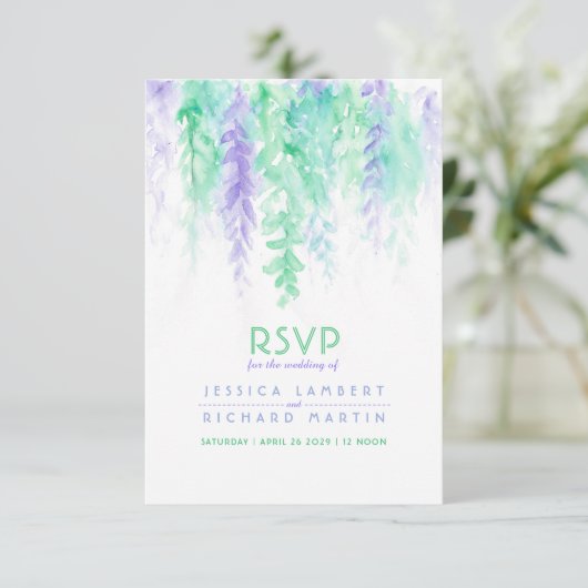 水色カスケーディンググリーンパープルウェディングRSVP 出欠カード (スタンド正面)