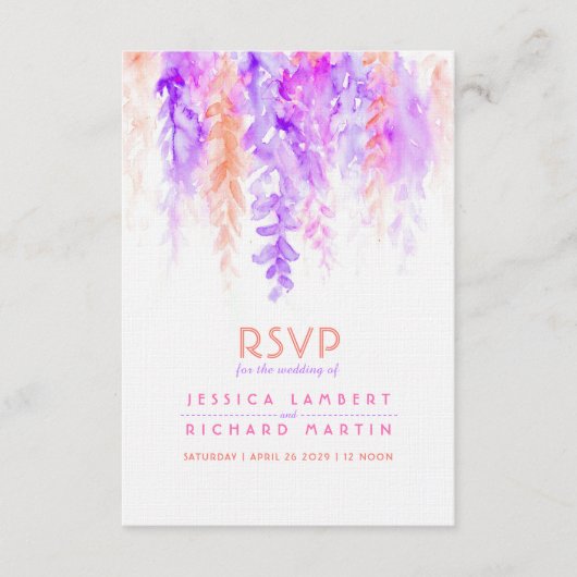 水色カスケーディングパープルオレンジの結婚式RSVP 出欠カード (正面)
