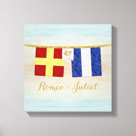 水色カップルのモノグラム海事信号フラグ キャンバスプリント (正面)