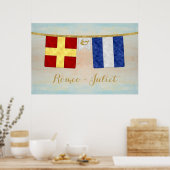 水色カップルのモノグラム海事信号フラグ ポスター (キッチン)