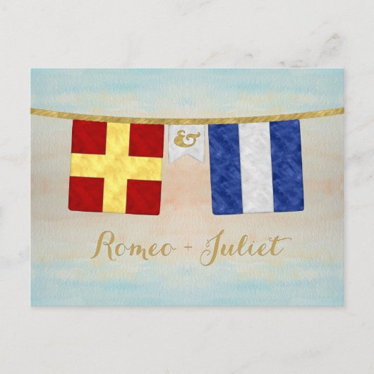 水色カップルのモノグラム海事信号フラグ ポストカード (正面)