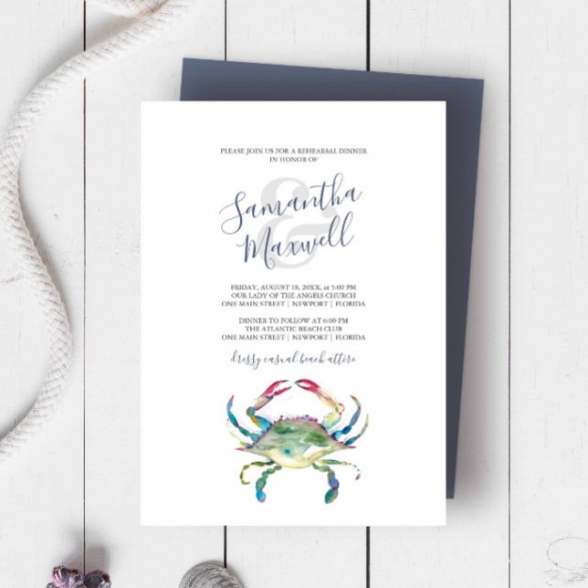 水色カニリハーサルディナー招待状 (Rehearsal dinner invitation beach wedding watercolor blue crab art by Victoria Grigaliunas.)