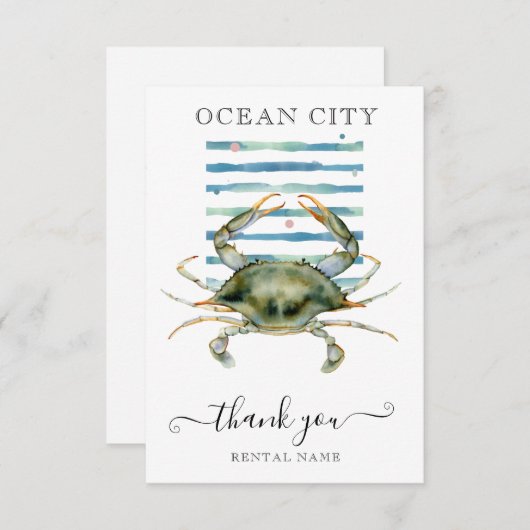 水色カニ、ビーチの町、海市ありがとう サンキューカード (正面/裏面)