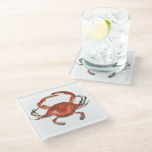 水色カニ – 赤 ガラスコースター (アングル)