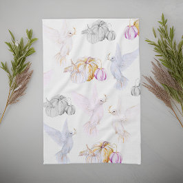 水色カボチャとホワイト鳩の感謝祭 キッチンタオル