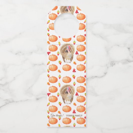 水色カボチャ七面鳥パターン感謝祭 ボトルネックタグ (正面)
