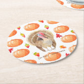 水色カボチャ七面鳥パターン感謝祭 ラウンドペーパーコースター (アングル)