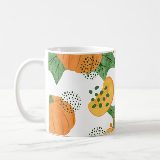 水色カボチャ野菜：オレンジ色シームレス コーヒーマグカップ (左)