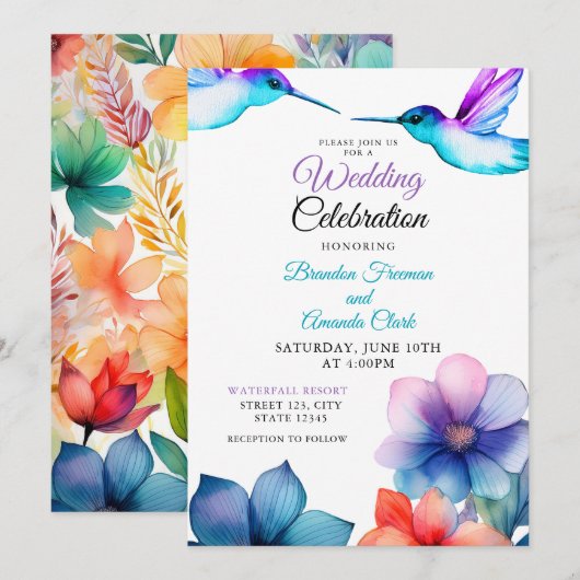 水色カラフルフローラハミ結婚ドリ 招待状 (正面/裏面)