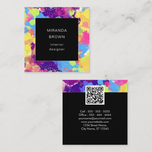 水色カラフル抽象芸術黒QRコード スクエア名刺 (正面/裏面)