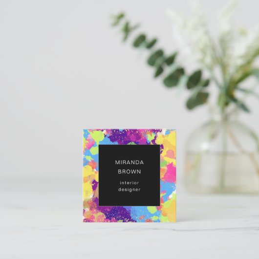 水色カラフル抽象芸術黒QRコード スクエア名刺 (スタンド正面)