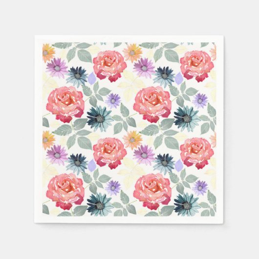 水色カラフル花柄 スタンダードカクテルナプキン (正面)