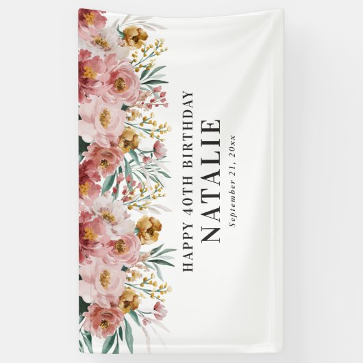 水色ガーリーフローラ編集可能な年齢誕生日テープ 横断幕 (縦)