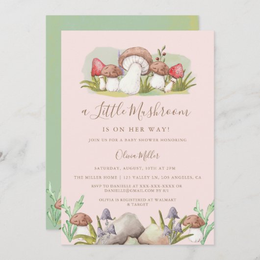 水色キノコの赤ちゃんシャワー 招待状 (正面/裏面)