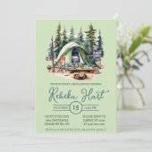 水色キャンプ、テント、アウトドア、ブライダルシャワー 招待状 (スタンド正面)