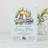 水色キャンプ、テント、アウトドア、ブライダルシャワー 招待状 (スタンド正面)