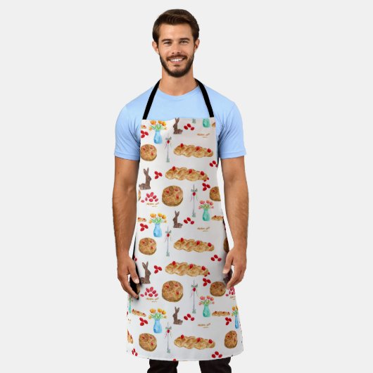 水色ギリシャのイースターフードと赤い卵 エプロン (着用した状態)