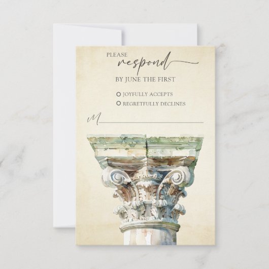 水色ギリシャ式カラムウェディングRSVPレスポンスカード 出欠カード (正面)