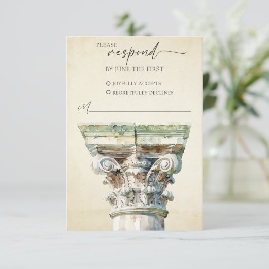 水色ギリシャ式カラムウェディングRSVPレスポンスカード 出欠カード (スタンド正面)