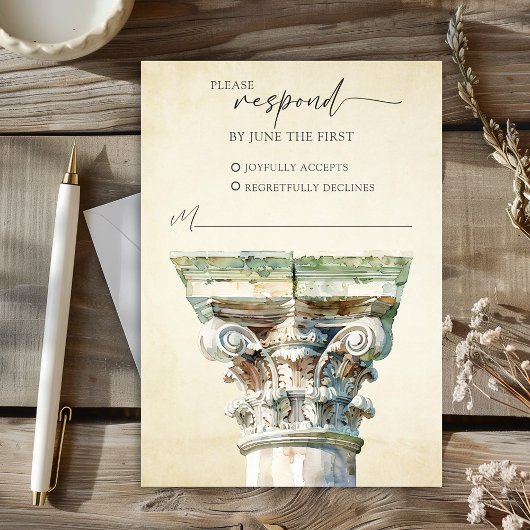 水色ギリシャ式カラムウェディングRSVPレスポンスカード 出欠カード