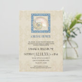 水色ギリシャ鍵パターンビーチコテージ結婚ズ 招待状 (スタンド正面)