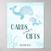 水色クジラの赤ちゃんシャワーカードとギフトサイン ポスター (正面)